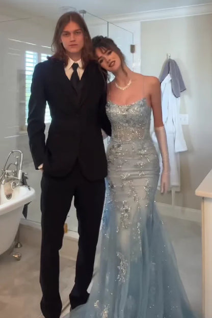 Gorgeous Mermaid Spaghetti Straps Grey Blue Long Prom Dress With Appliques AD171