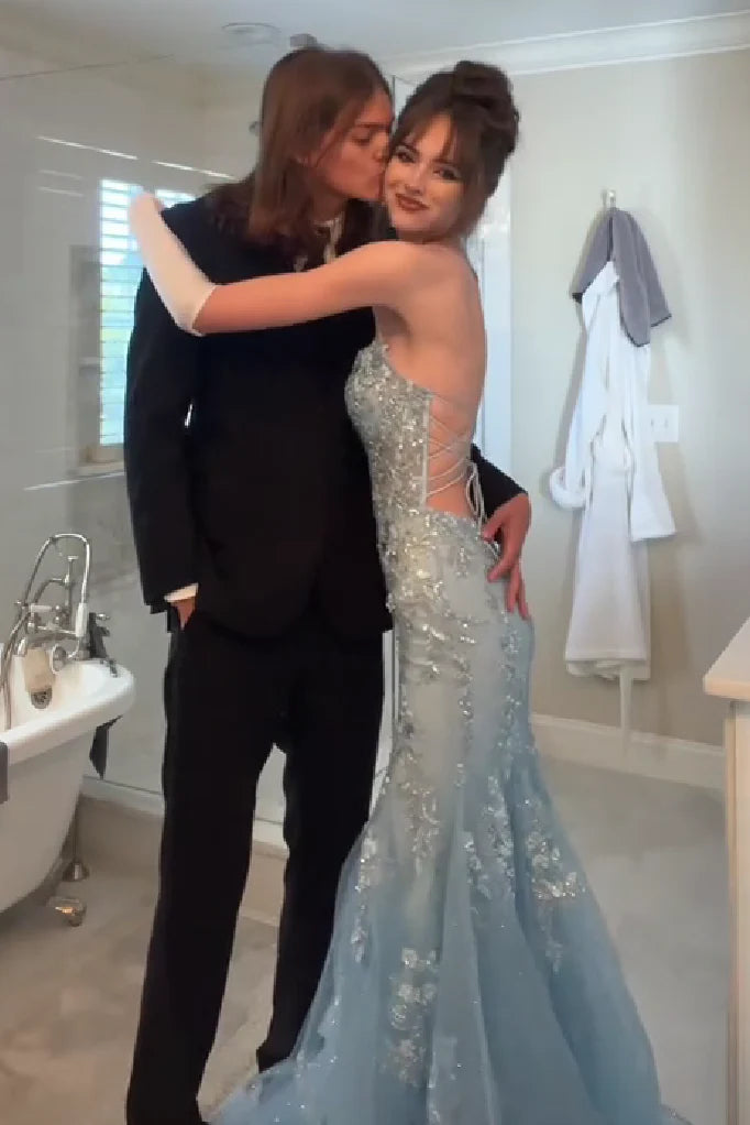 Gorgeous Mermaid Spaghetti Straps Grey Blue Long Prom Dress With Appliques AD171