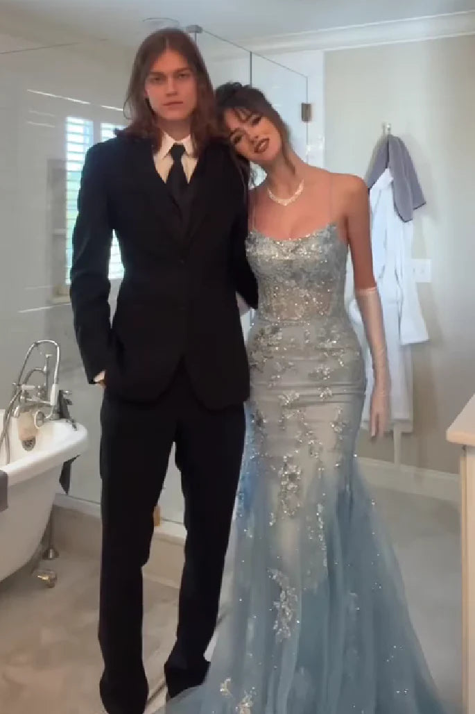 Gorgeous Mermaid Spaghetti Straps Grey Blue Long Prom Dress With Appliques AD171