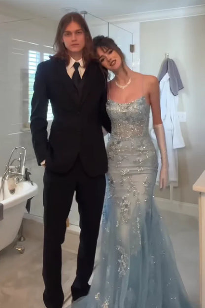 Gorgeous Mermaid Spaghetti Straps Grey Blue Long Prom Dress With Appliques AD171