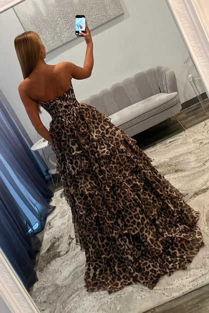 Bold Leopard Sweetheart Corset Prom Dress With Layered Ruffle Skirt AD172