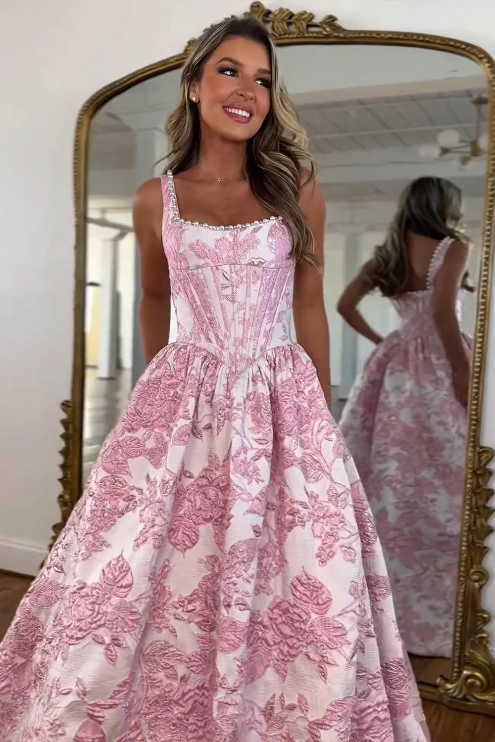 Pink Floral Corset Ball Gown Prom Dress With Pearl Beaded Straps AD173