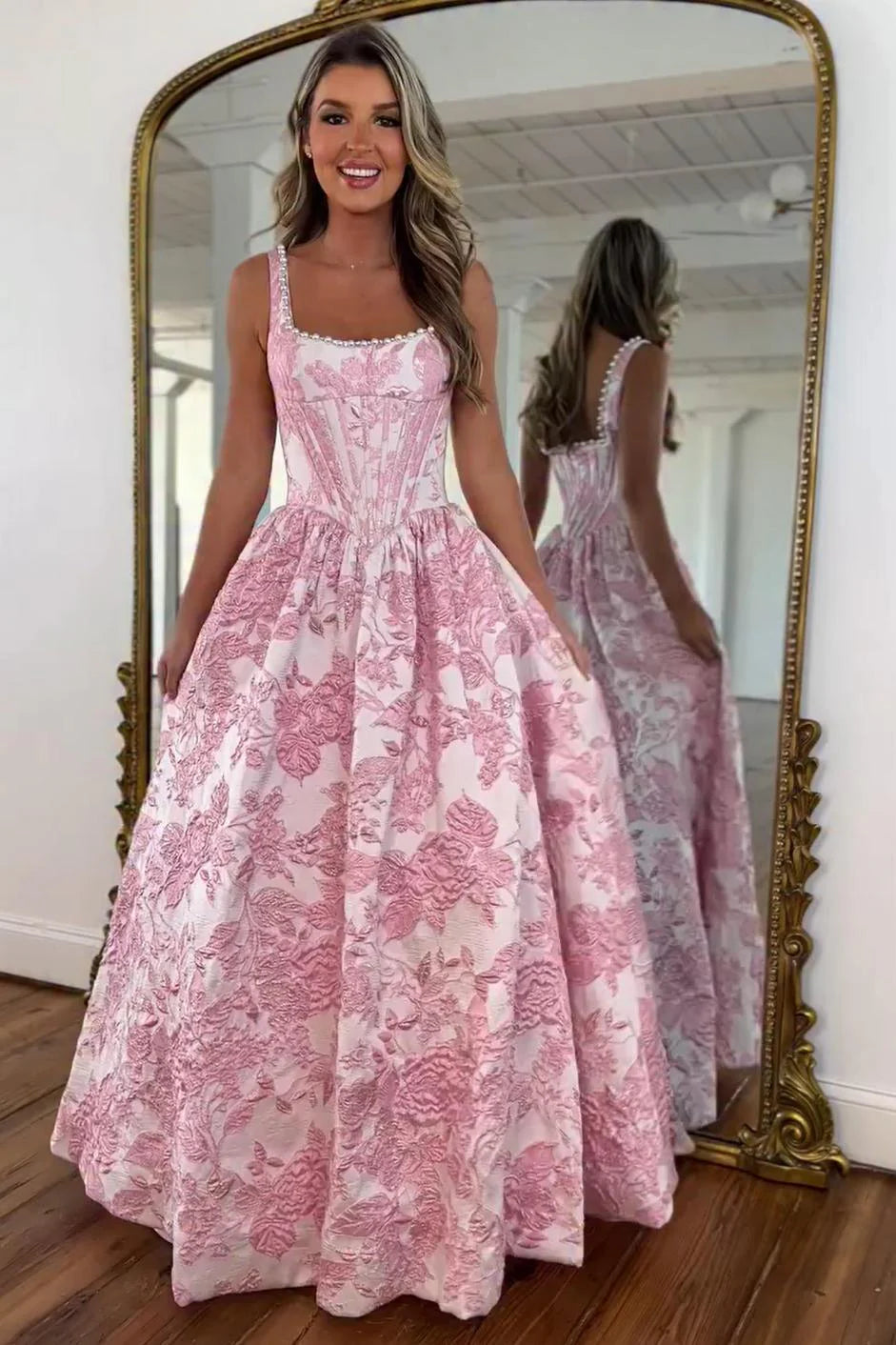 Pink Floral Corset Ball Gown Prom Dress With Pearl Beaded Straps AD173