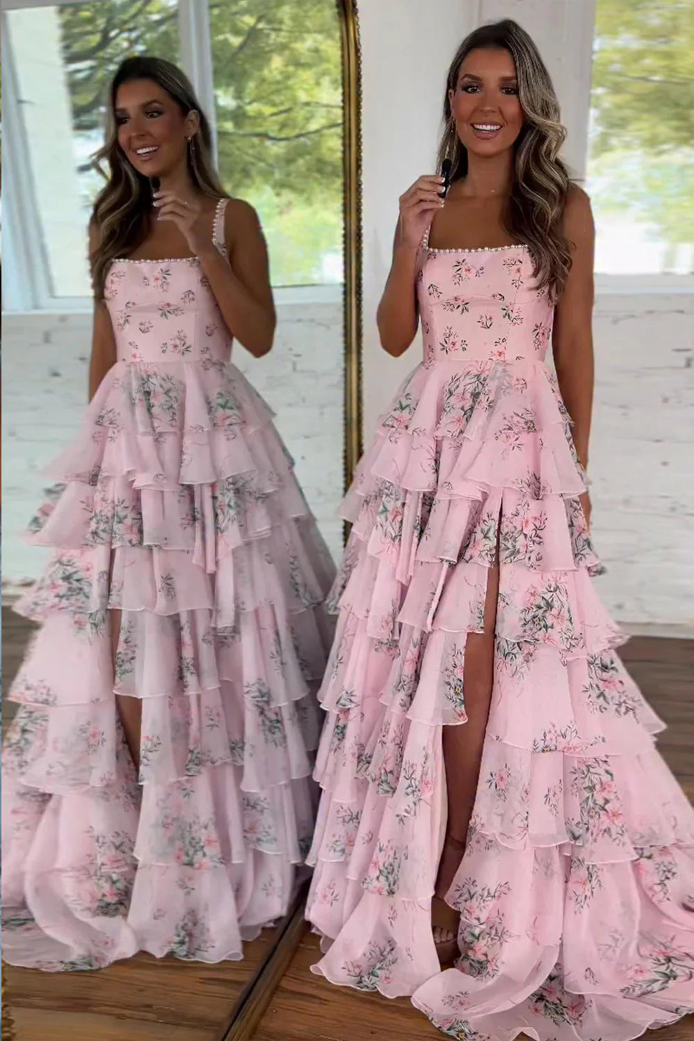 Romantic Pink Floral Square Neck Backless Tiered Ruffle Prom Dress With Slit AD174