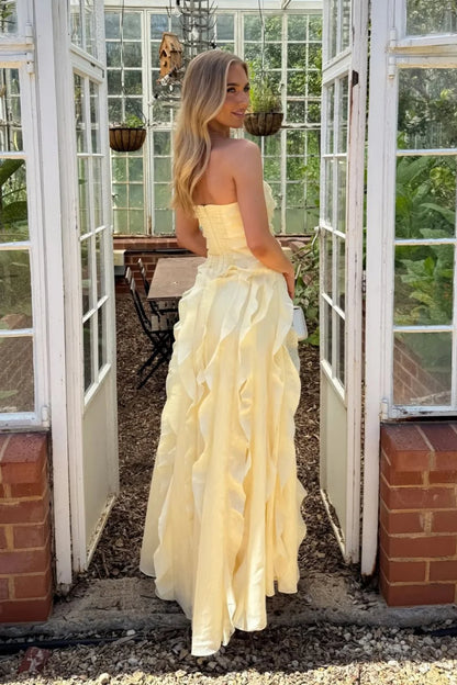 Yellow Strapless Ruffle Chiffon High Slit Long Prom Dress AD175