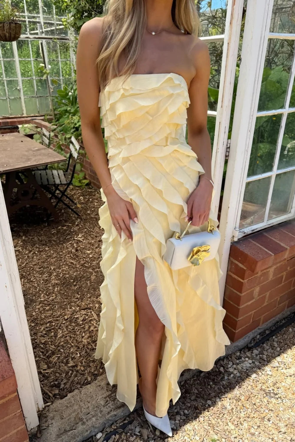 Yellow Strapless Ruffle Chiffon High Slit Long Prom Dress AD175