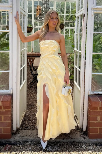 Yellow Strapless Ruffle Chiffon High Slit Long Prom Dress AD175