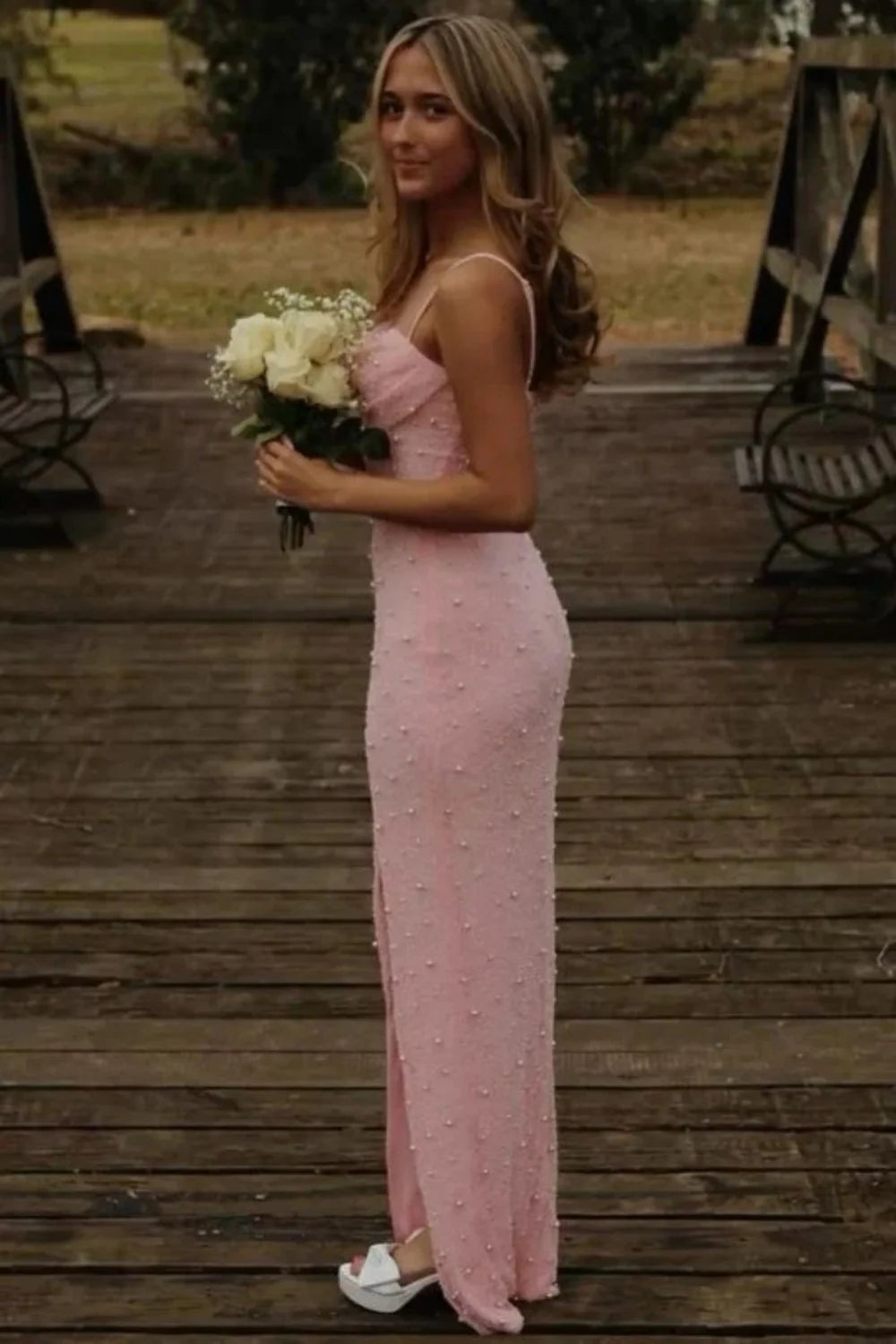Classic Blush Pink Spaghetti Straps Pearls Prom Gown With Modern Front Slit AD176
