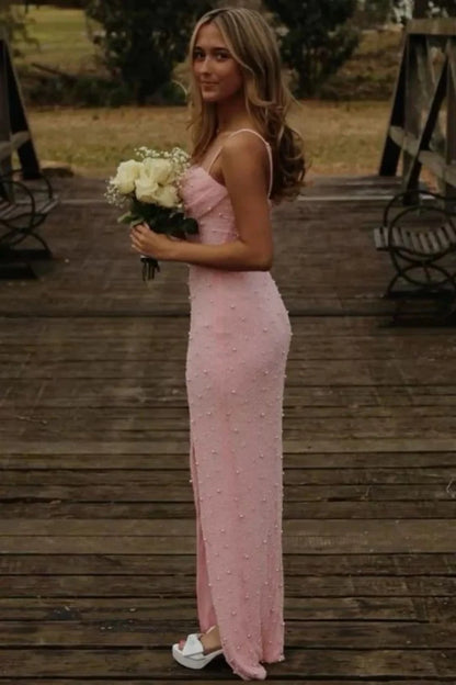 Classic Blush Pink Spaghetti Straps Pearls Prom Gown With Modern Front Slit AD176