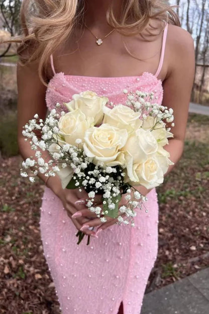 Classic Blush Pink Spaghetti Straps Pearls Prom Gown With Modern Front Slit AD176