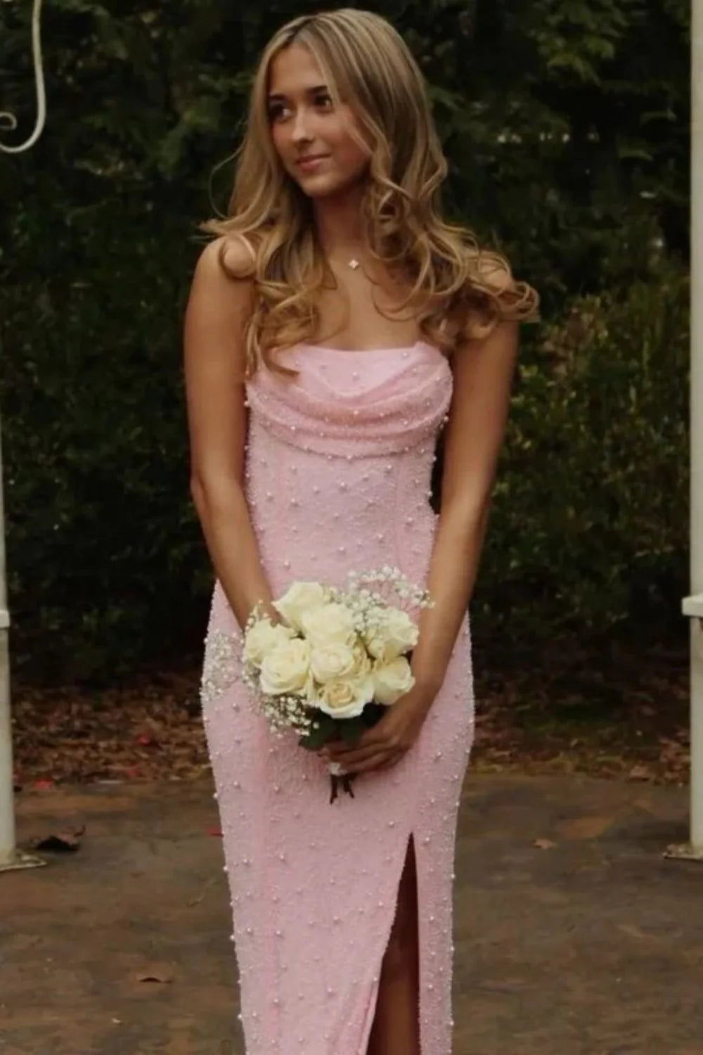 Classic Blush Pink Spaghetti Straps Pearls Prom Gown With Modern Front Slit AD176