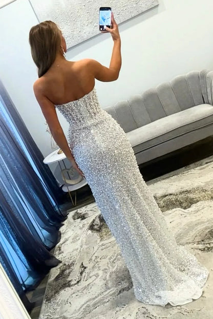 Gorgeous Luxury White Pearls Strapless Mermaid Prom Dress With Slit AD177