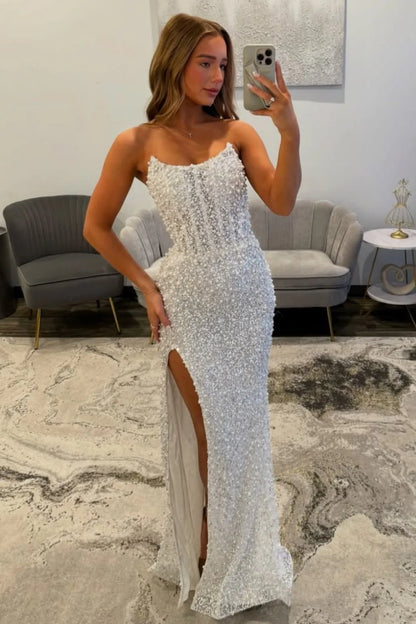 Gorgeous Luxury White Pearls Strapless Mermaid Prom Dress With Slit AD177