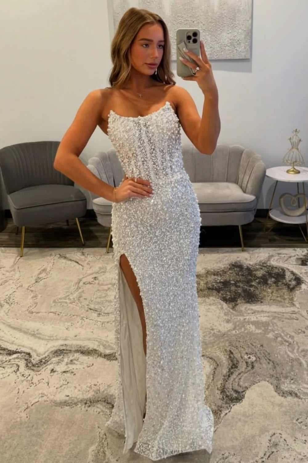 Gorgeous Luxury White Pearls Strapless Mermaid Prom Dress With Slit AD177