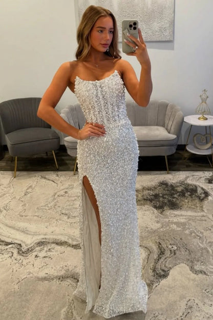 Gorgeous Luxury White Pearls Strapless Mermaid Prom Dress With Slit AD177