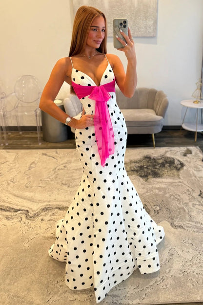 Chic Polka Dot Spaghetti Straps Mermaid Prom Dress With Hot Pink Bow AD179