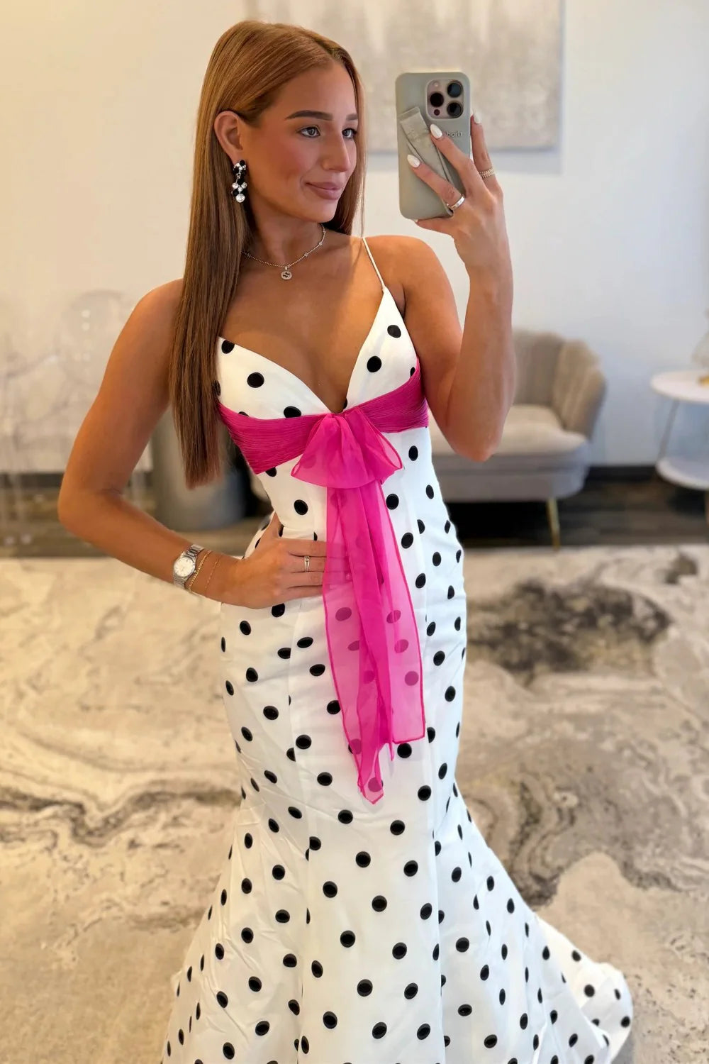 Chic Polka Dot Spaghetti Straps Mermaid Prom Dress With Hot Pink Bow AD179