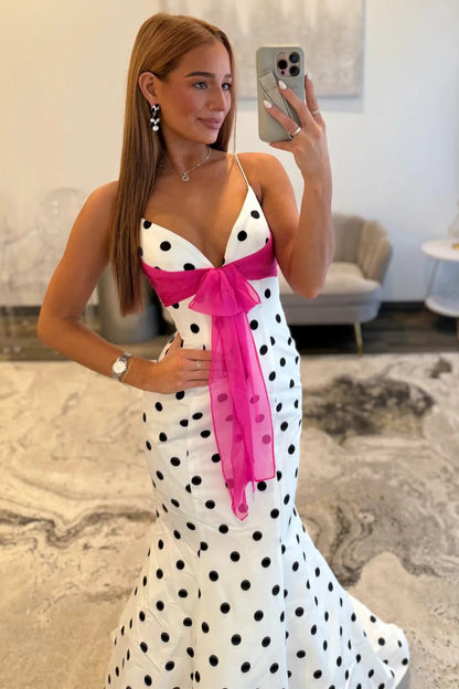 Chic Polka Dot Spaghetti Straps Mermaid Prom Dress With Hot Pink Bow AD179