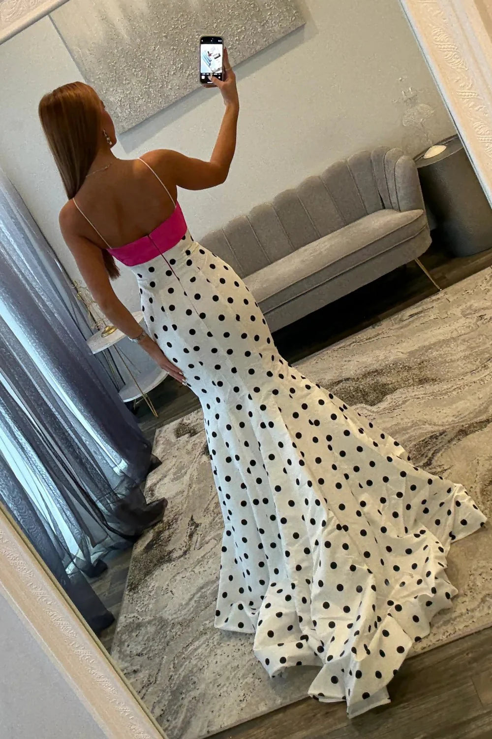 Chic Polka Dot Spaghetti Straps Mermaid Prom Dress With Hot Pink Bow AD179