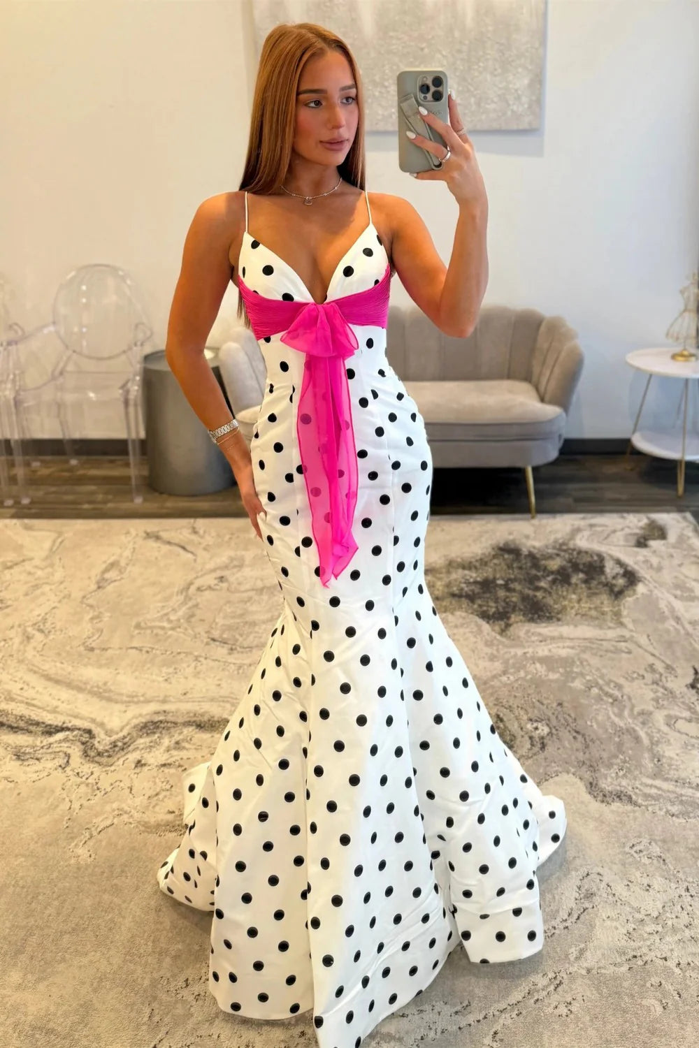 Chic Polka Dot Spaghetti Straps Mermaid Prom Dress With Hot Pink Bow AD179