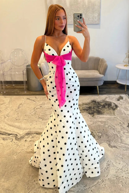 Chic Polka Dot Spaghetti Straps Mermaid Prom Dress With Hot Pink Bow AD179