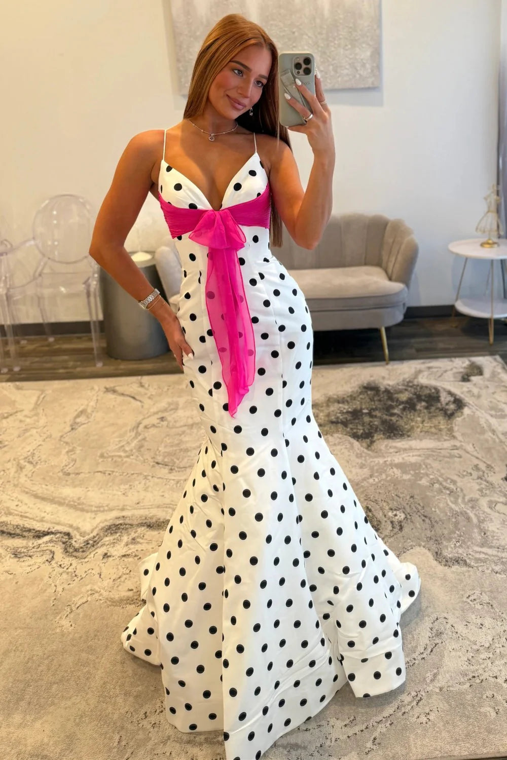 Chic Polka Dot Spaghetti Straps Mermaid Prom Dress With Hot Pink Bow AD179
