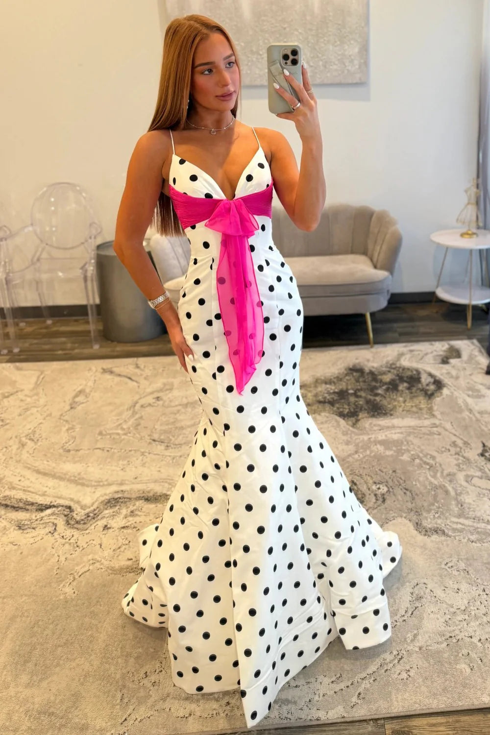 Chic Polka Dot Spaghetti Straps Mermaid Prom Dress With Hot Pink Bow AD179
