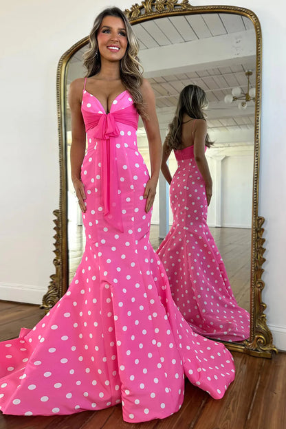 Chic Polka Dot Spaghetti Straps Mermaid Prom Dress With Hot Pink Bow AD179