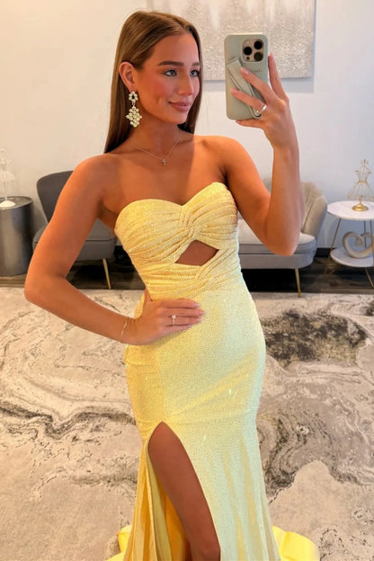 Elegant Yellow Strapless Long Beaded Evening Dress With Front Cutout And Slit AD180