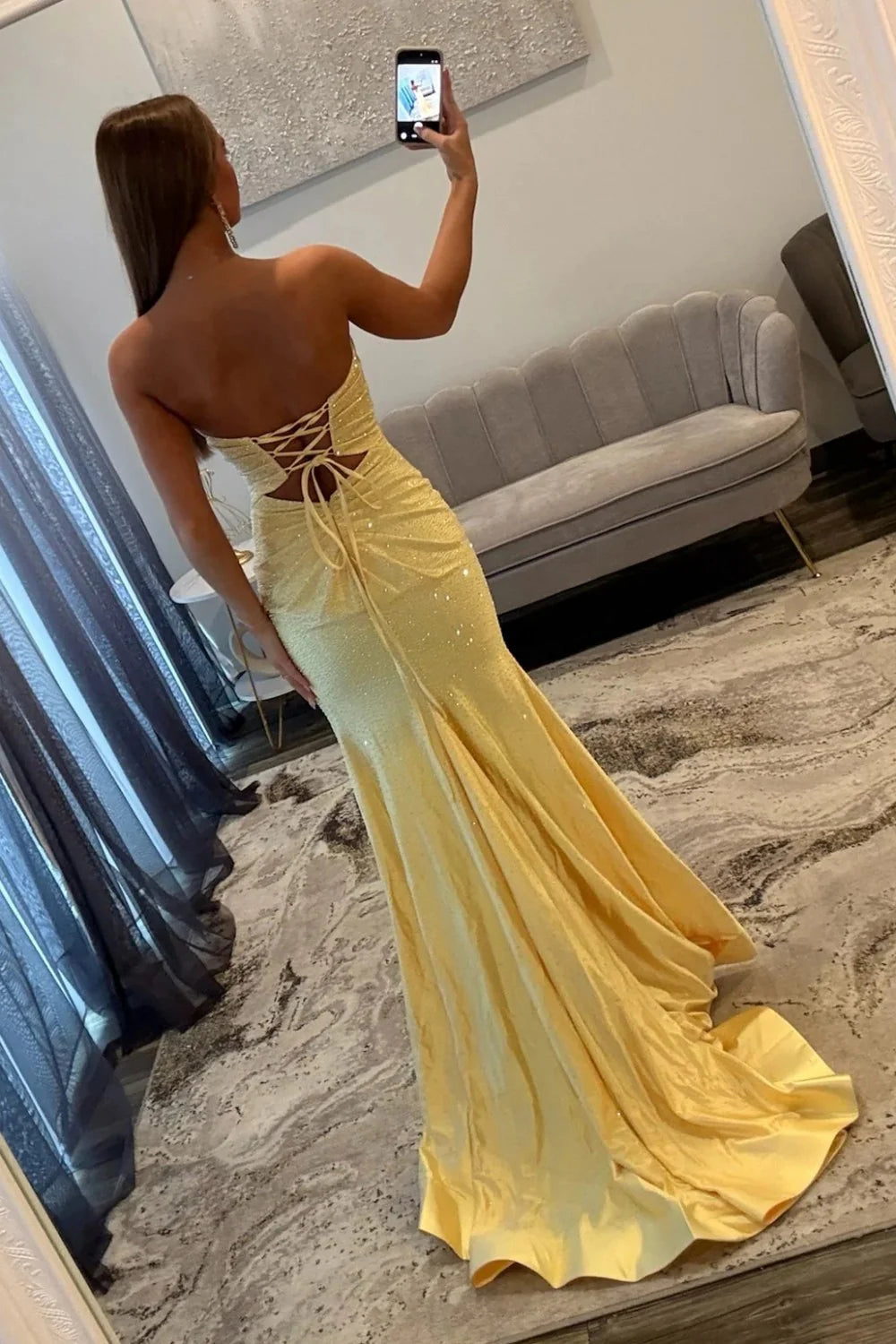 Elegant Yellow Strapless Long Beaded Evening Dress With Front Cutout And Slit AD180