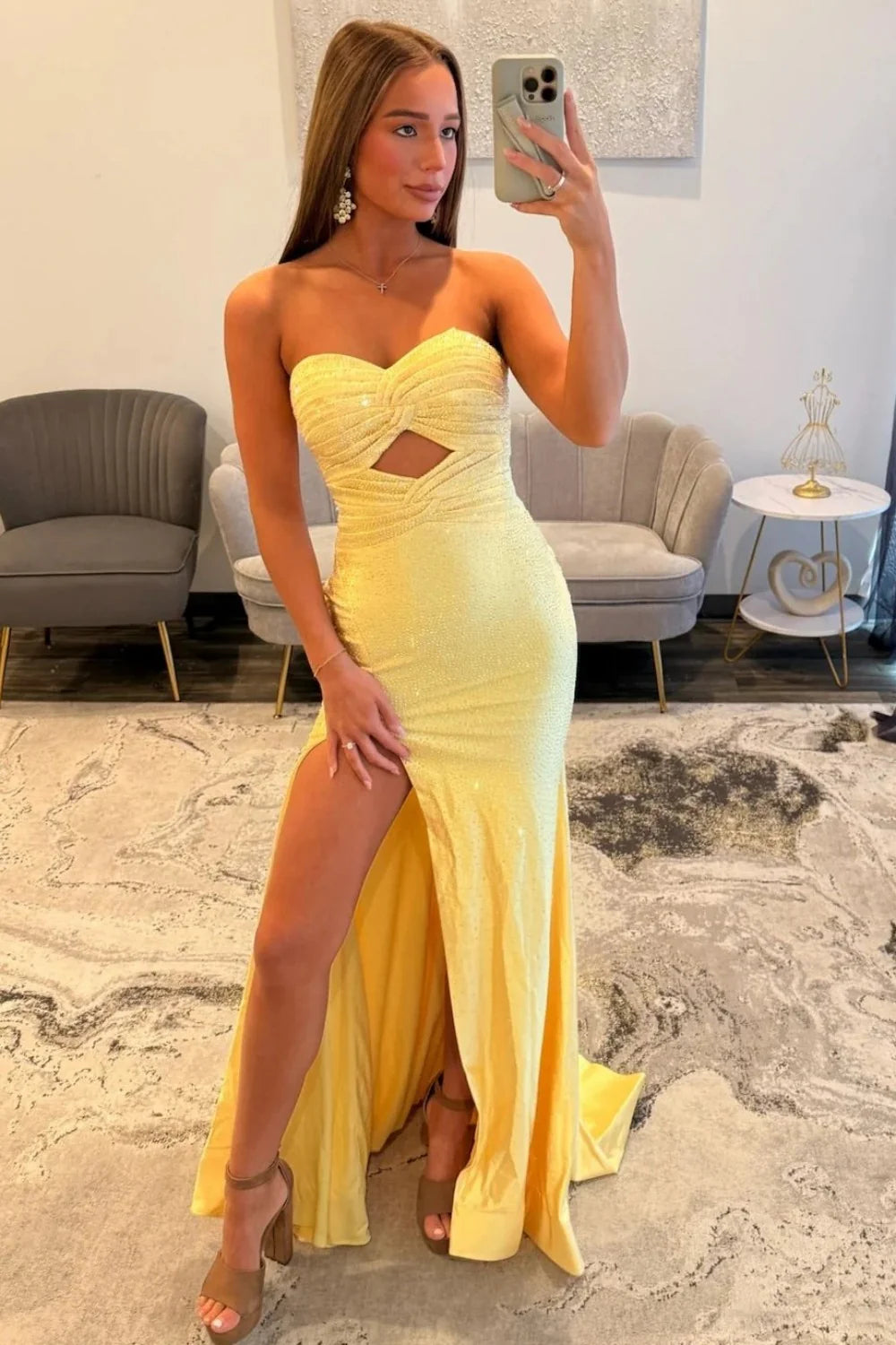 Elegant Yellow Strapless Long Beaded Evening Dress With Front Cutout And Slit AD180