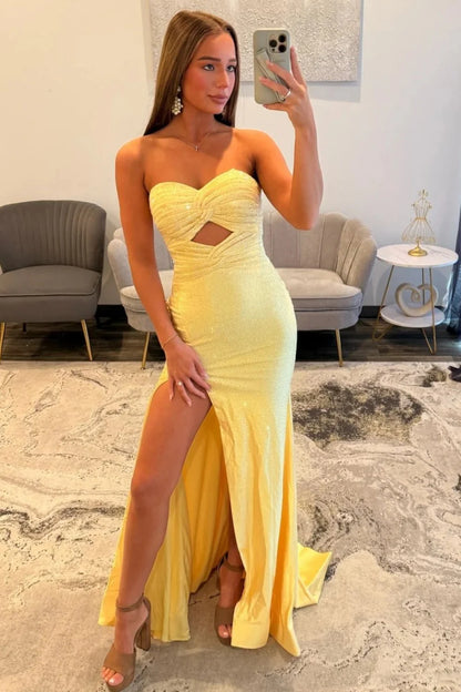 Elegant Yellow Strapless Long Beaded Evening Dress With Front Cutout And Slit AD180