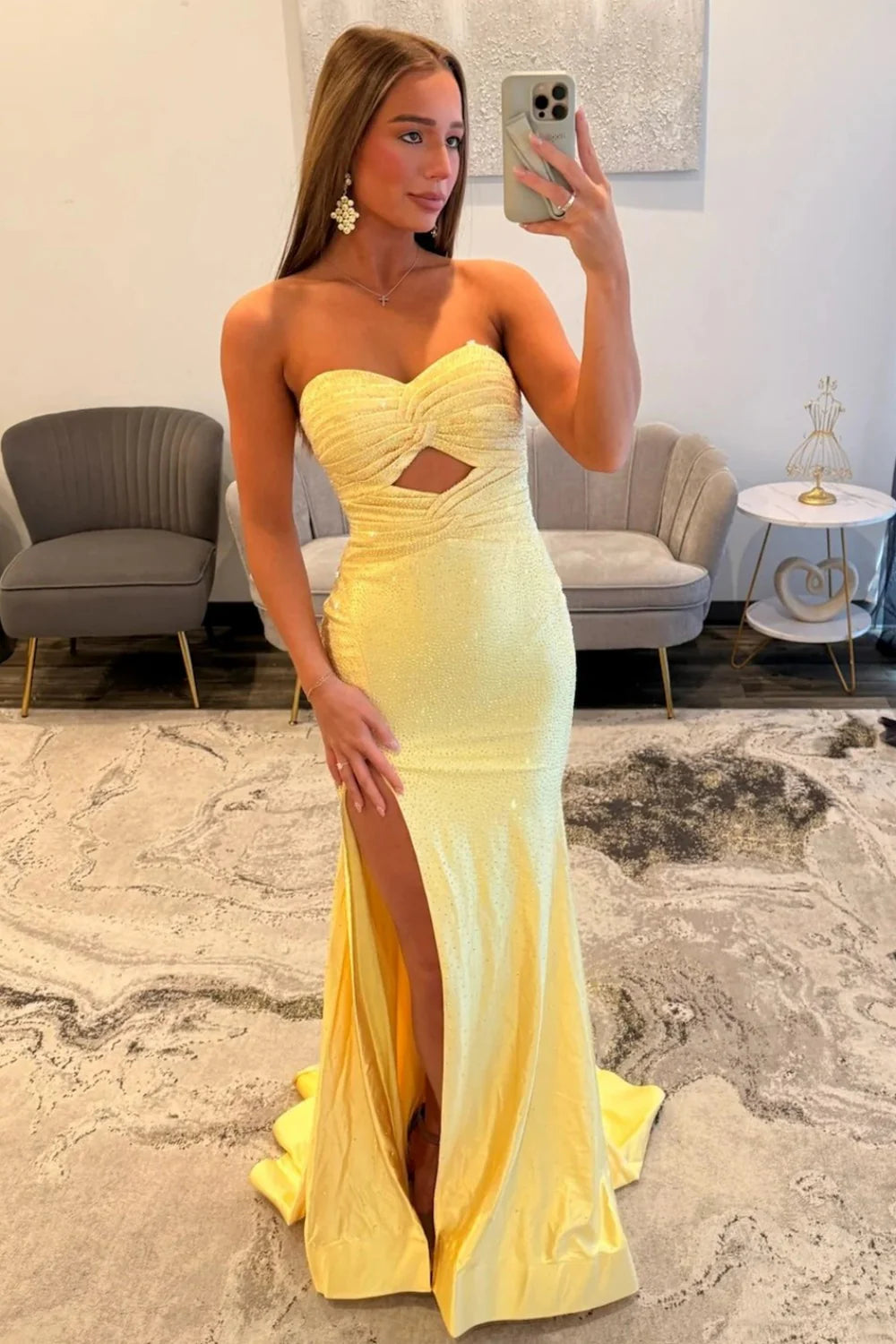 Elegant Yellow Strapless Long Beaded Evening Dress With Front Cutout And Slit AD180