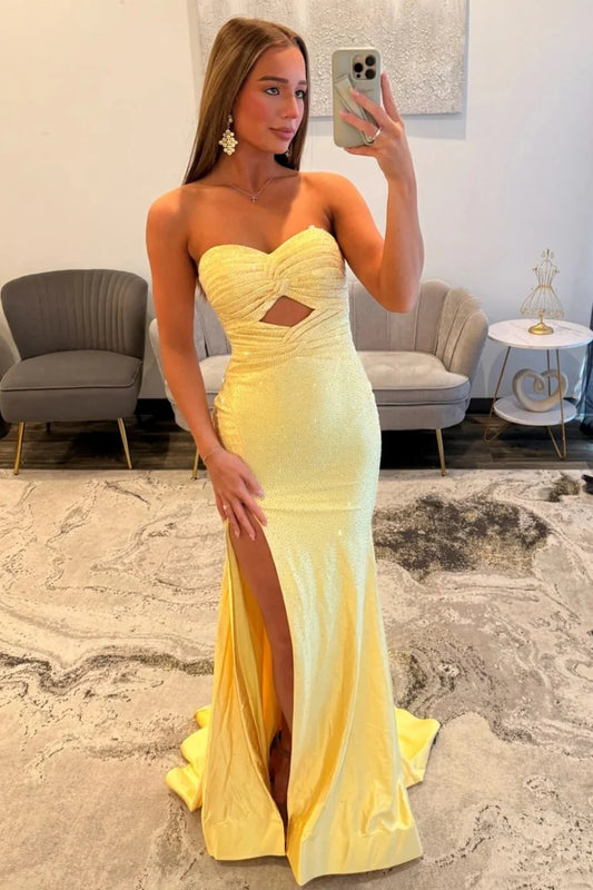 Elegant Yellow Strapless Long Beaded Evening Dress With Front Cutout And Slit AD180
