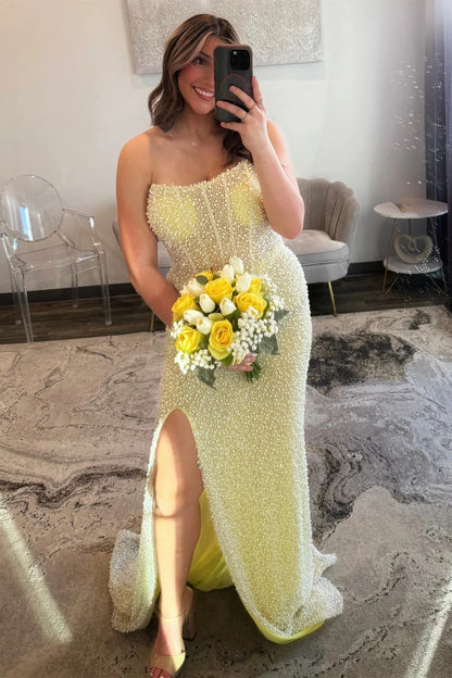 Light Blue Mermaid Strapless Sparkly Prom Dress With Pearls And High Slit AD181