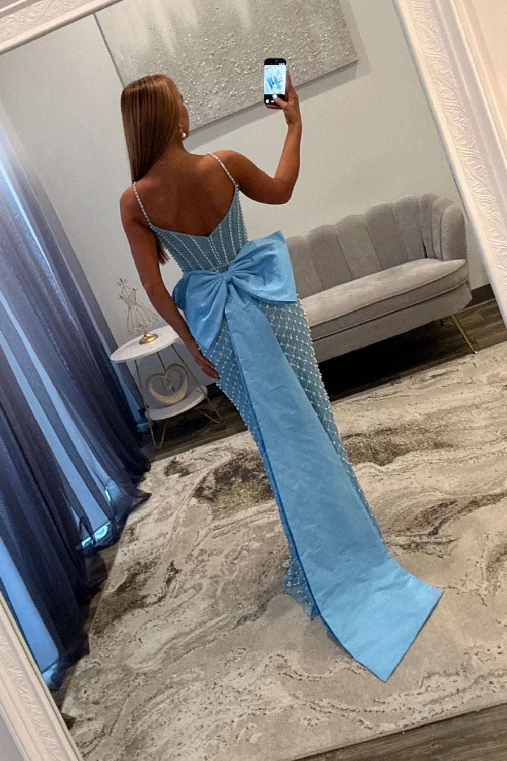Luxurious Mermaid Spaghetti Straps Blue Corset Prom Dress With Pearls AD182