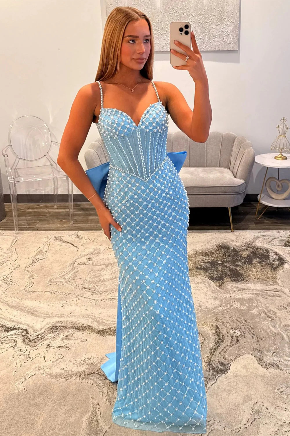 Luxurious Mermaid Spaghetti Straps Blue Corset Prom Dress With Pearls AD182