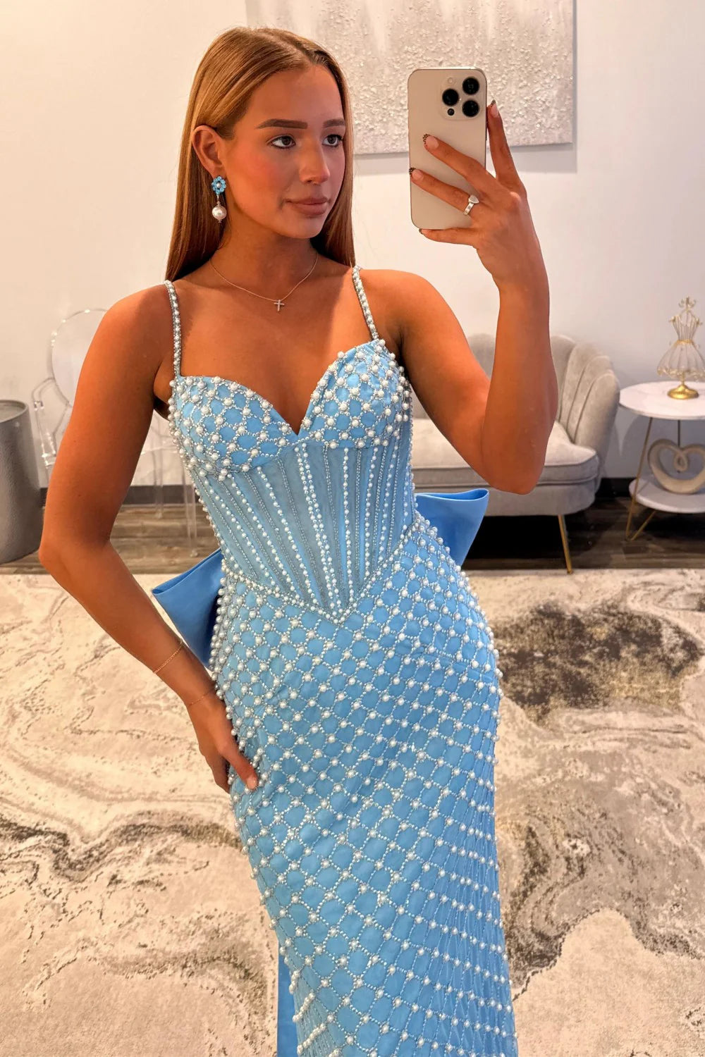 Luxurious Mermaid Spaghetti Straps Blue Corset Prom Dress With Pearls AD182
