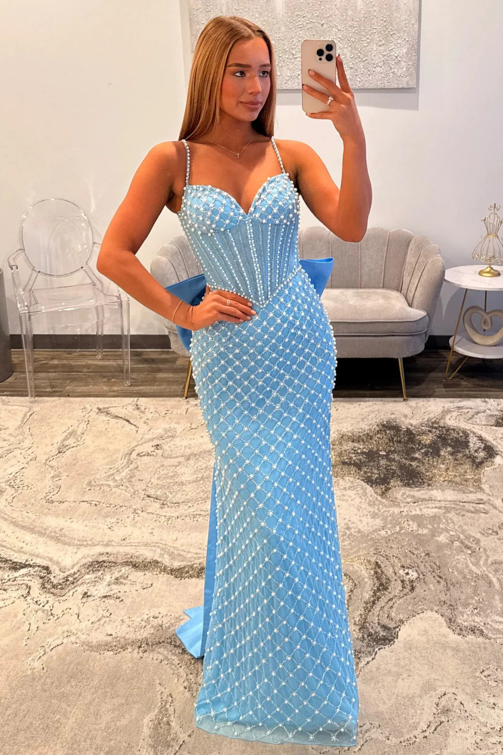 Luxurious Mermaid Spaghetti Straps Blue Corset Prom Dress With Pearls AD182
