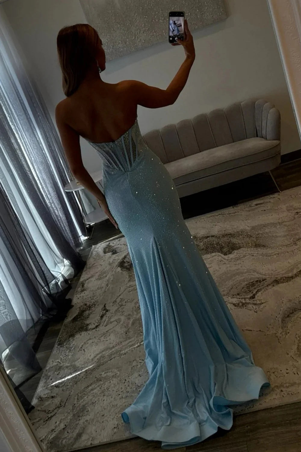 Sparkly Mermaid Strapless Light Blue Corset Prom Dress With Beading AD183