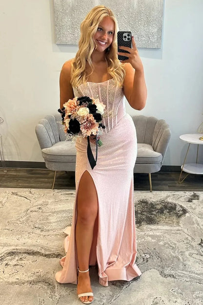 Sparkly Mermaid Strapless Light Blue Corset Prom Dress With Beading AD183