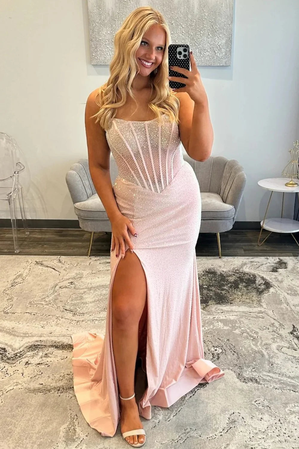 Sparkly Mermaid Strapless Light Blue Corset Prom Dress With Beading AD183