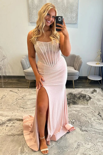 Sparkly Mermaid Strapless Light Blue Corset Prom Dress With Beading AD183