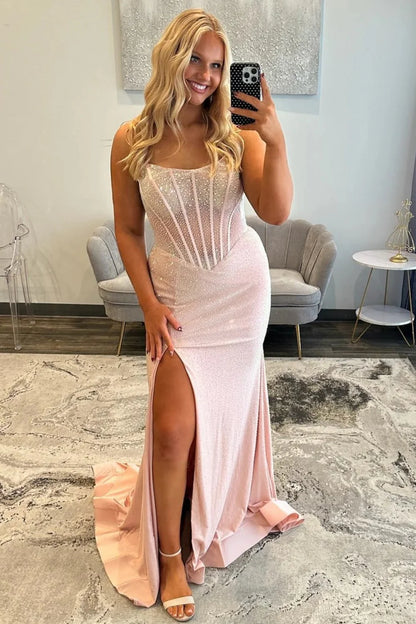 Sparkly Mermaid Strapless Light Blue Corset Prom Dress With Beading AD183