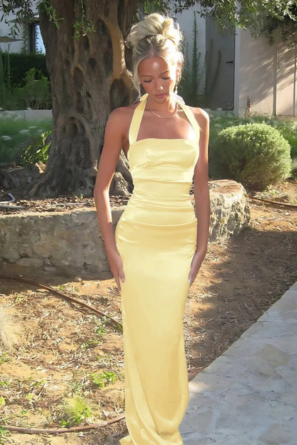 Classic Sheath Halter Neck Yellow Long Prom Dress With Bowknot AD184