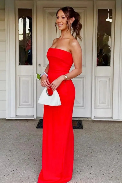 Hot Mermaid Strapless Red Long Prom Dress With Ruched Slit AD185