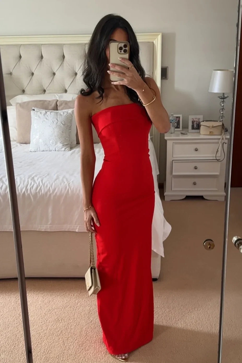 Hot Mermaid Strapless Red Long Prom Dress With Ruched Slit AD185