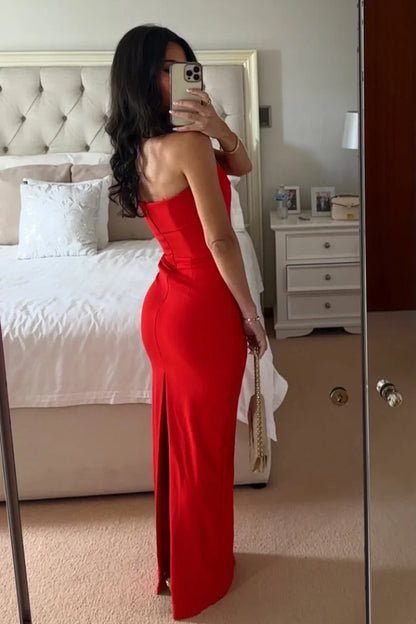 Hot Mermaid Strapless Red Long Prom Dress With Ruched Slit AD185