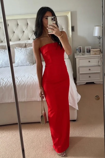 Hot Mermaid Strapless Red Long Prom Dress With Ruched Slit AD185