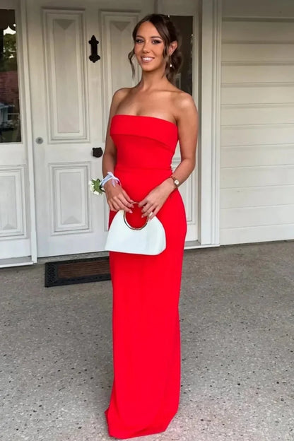 Hot Mermaid Strapless Red Long Prom Dress With Ruched Slit AD185